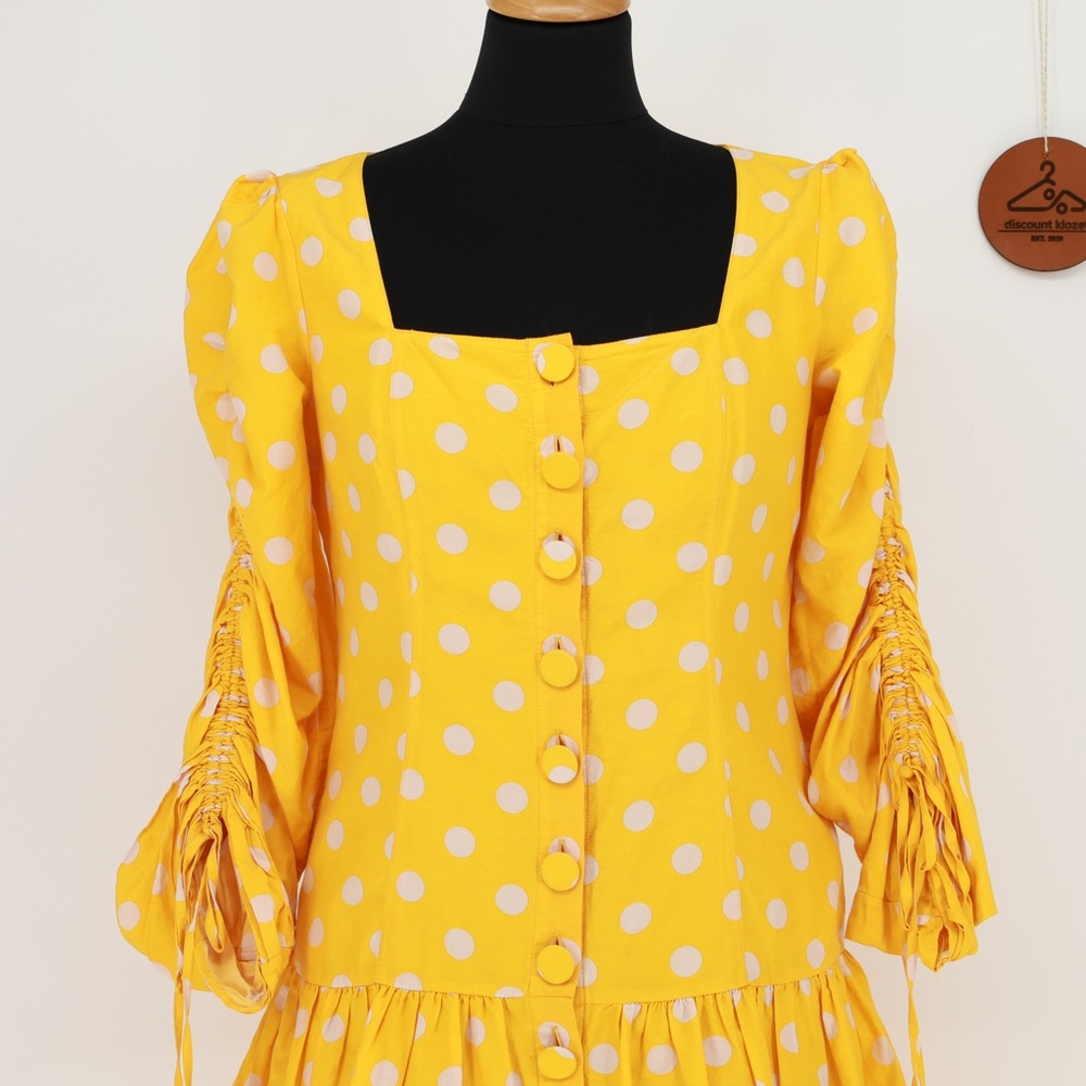 Nicholas Polla Dot Yellow & White Ruched Sleeve Button Front Dress‎ Size 6 - Picture 4 of 7